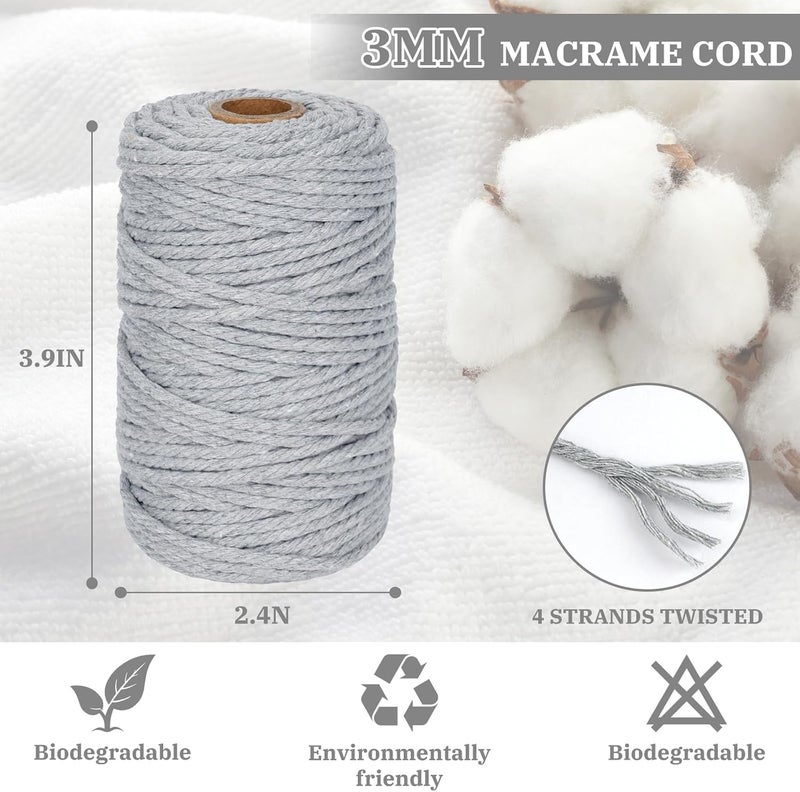 PHUNTTEK Macrame Cord 3mm x 164 Yards, 3 Rolls Gray Colored Macrame Cotton Cord Rope Kit Macrame Yarns Bulk String 4 Strands Twisted for Wall Hanger Plant Hanging DIY Crafts Knitting Macrame Supplies - Image 2